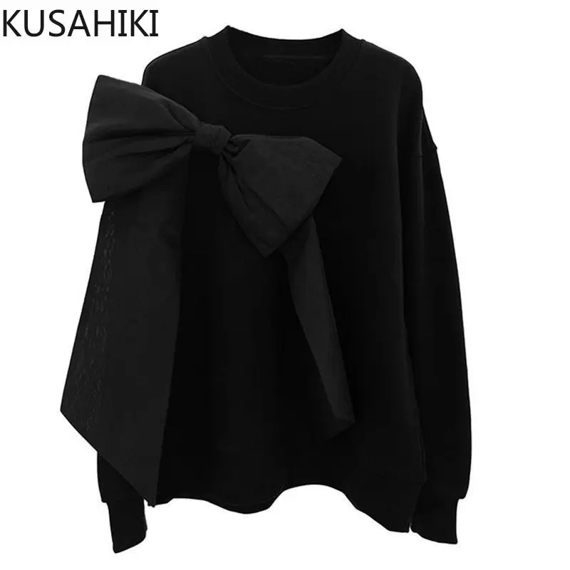 KUSAHIKI Korean Style Detachable Bow Three-dimensional Pullover Plus Velvet Hoodie for Women 2024 Autumn Winter New Sweatshirt