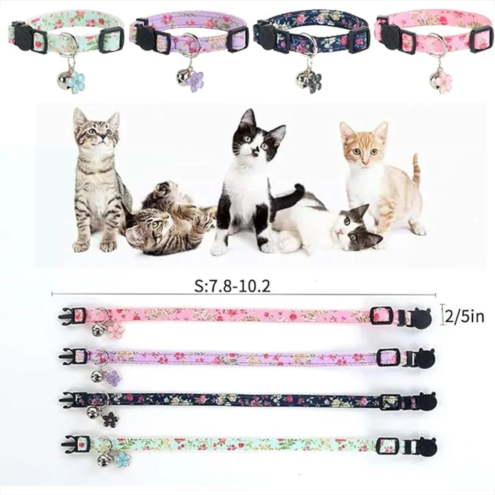 Adjustable Cat Collar with Flower and Bells Embellished Pet Collar Colorful Plaid Jacquard Pattern for Cat and Puppy Dog Collars