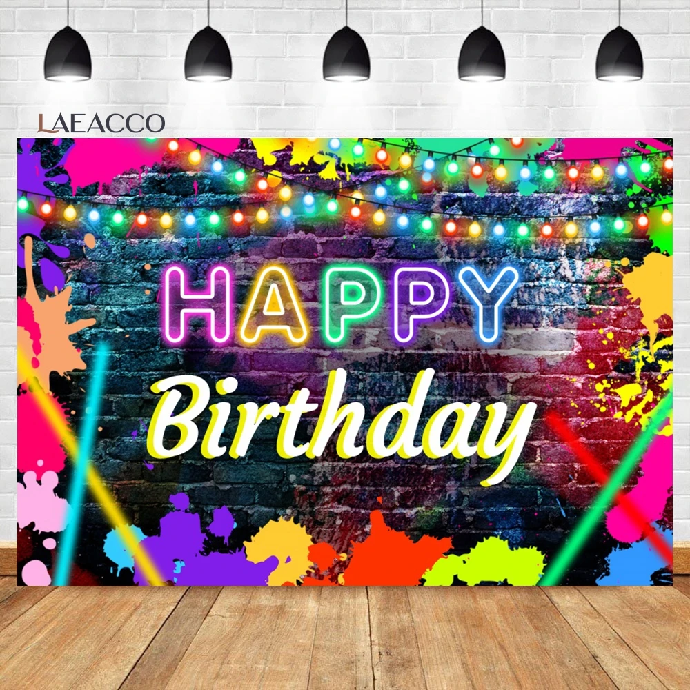 

Laeacco Glow Neon Birthday Backdrop Glowing in The Dark Brick Wall olorful Graffiti Splash Paint Portrait Photography Background