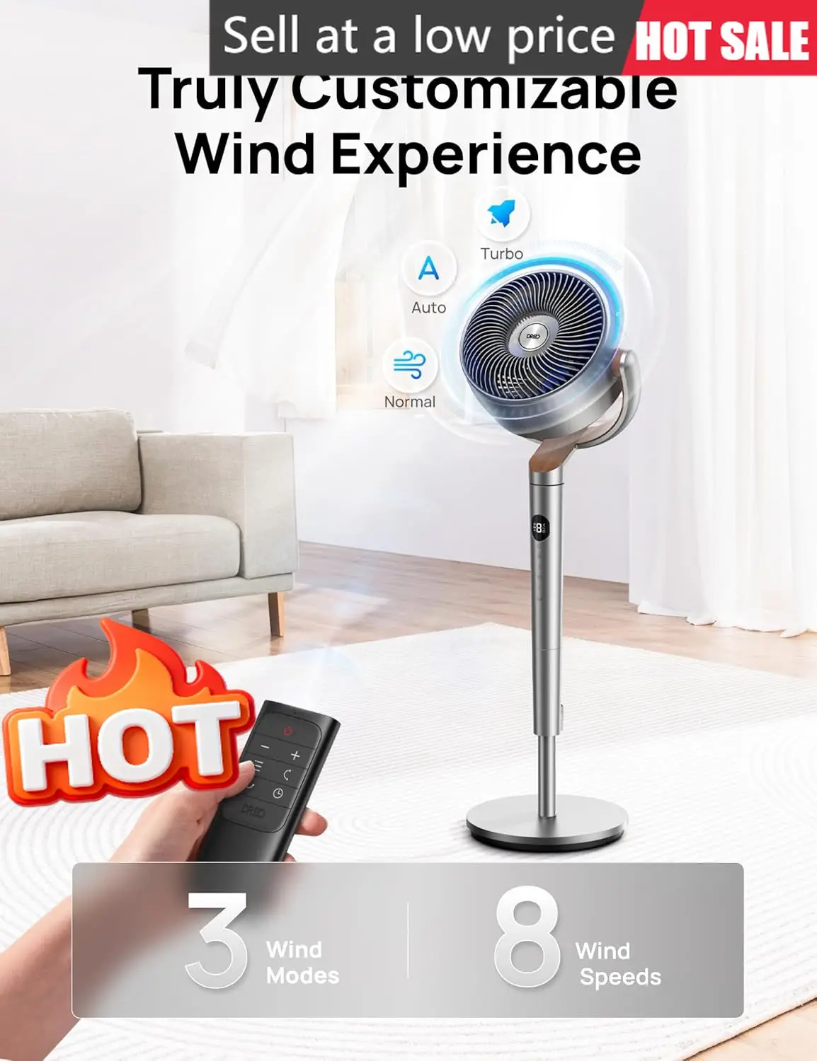 

Standing Pedestal Fan Omnidirectional Oscillating DC Motor Quiet 20 Decibel 90 Foot Range 8 Speeds 3 Modes Circulator Remote Con