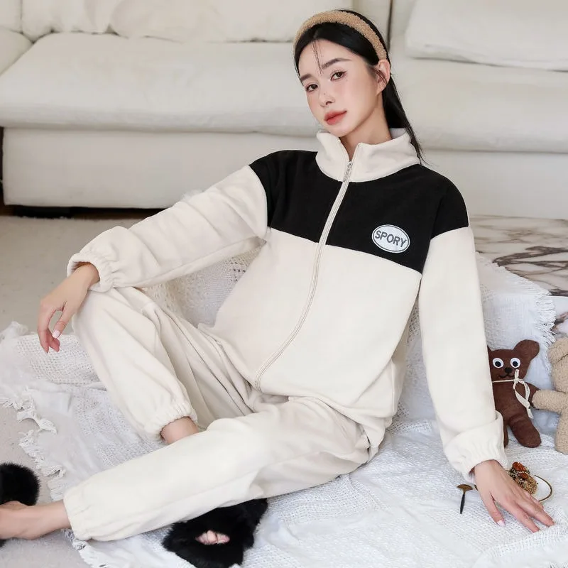 2023 New Pajamas Women Autumn Winter Loungewear Coral Velvet sleepwear Stand-up Zipper Sweet Homewear Set Can Be Worn Outside