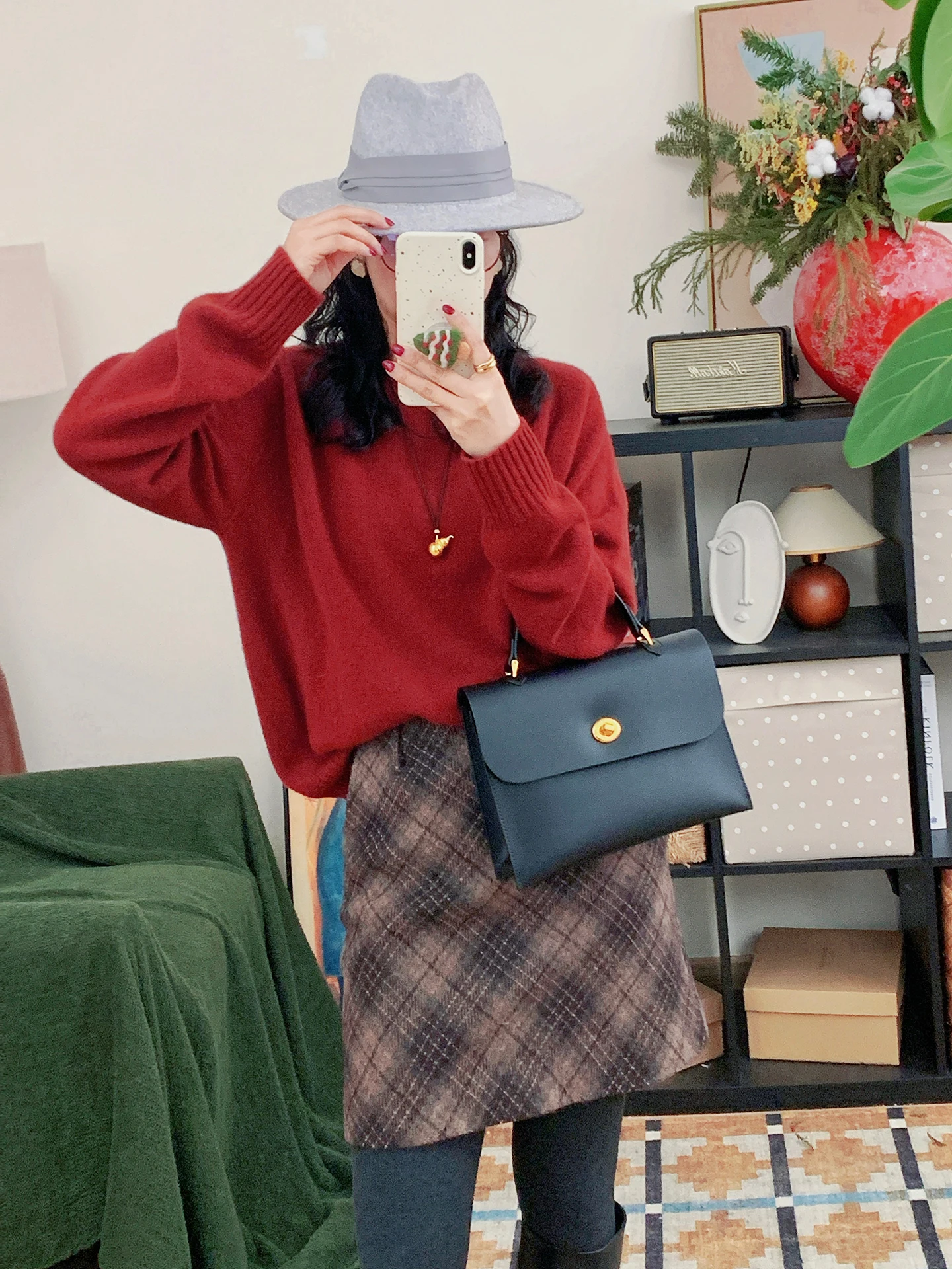 

Retro Plaid Woolen Skirt High Waist Thiened Women's Autumn Winter Ci Commute A-Line Skirt Soft And Sli