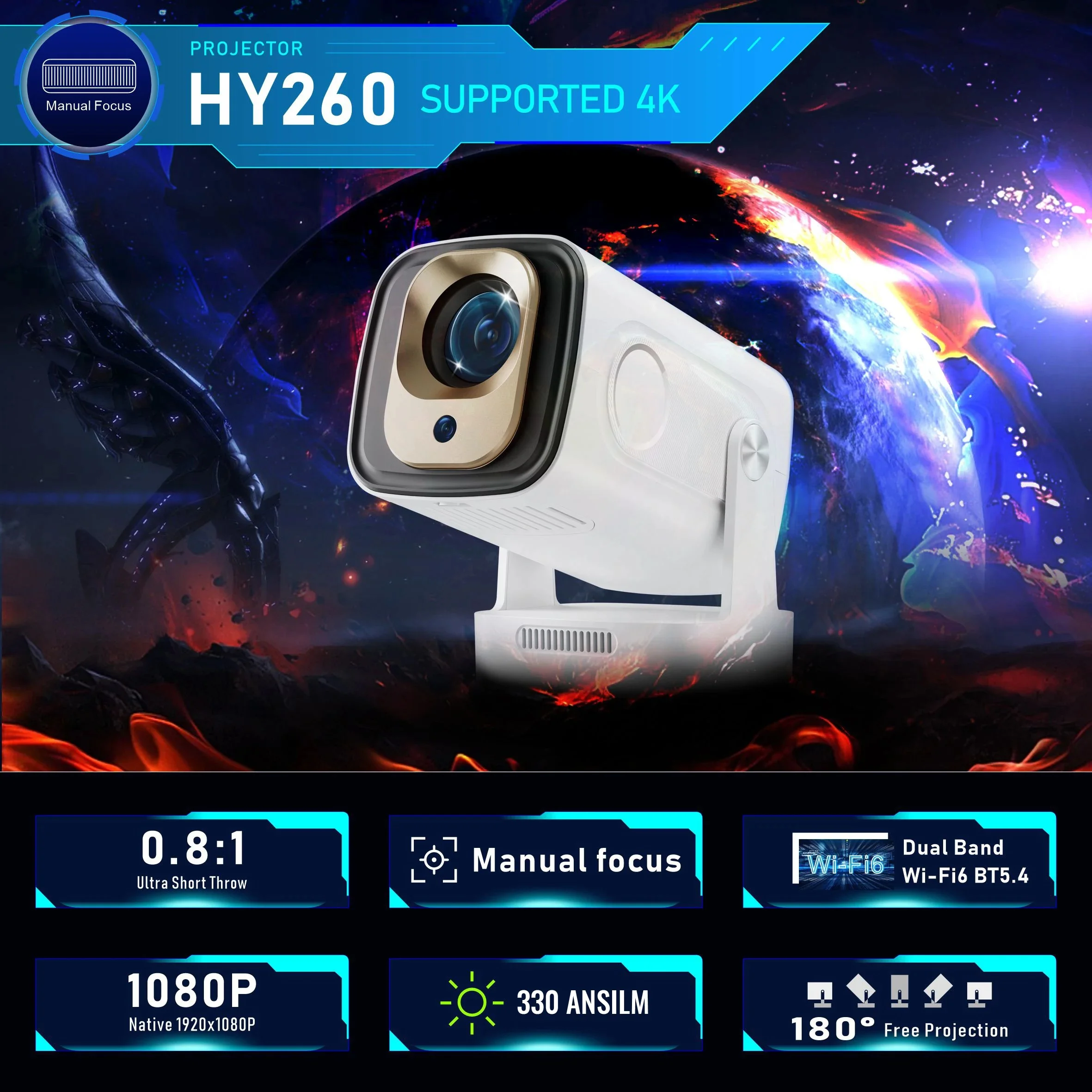 جهاز عرض Velec HY260 330ANSI Android11 4K1080P WiFi6 BT5.4 جهاز عرض محمول مع حقيبة مزدوجة واي فاي جهاز عرض منزلي للفيلم الخارجي