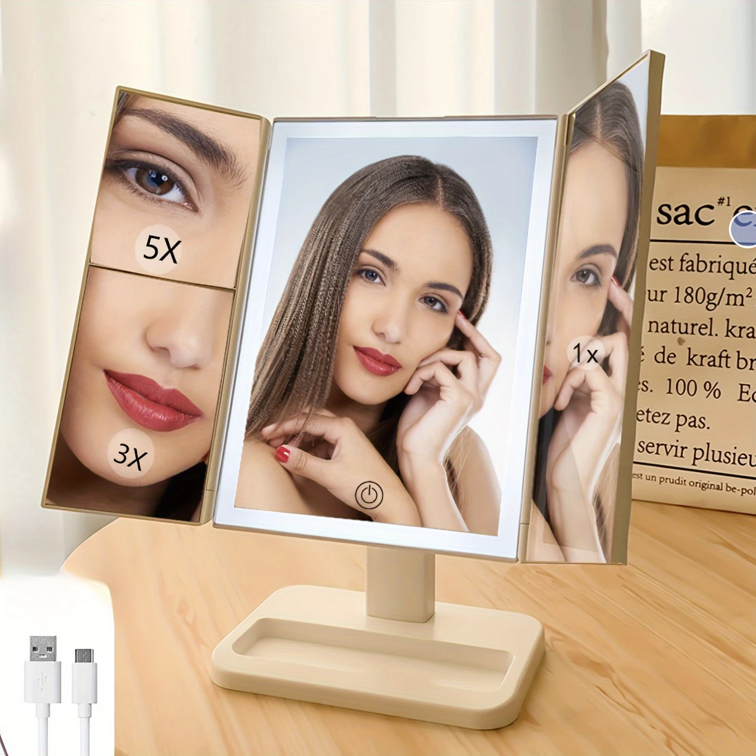 Three-sided Foldable LED Makeup Mirror with Bright Lights for Makeup and Lighting in the Bedroom or Hotel - Desktop Vanity Mirro