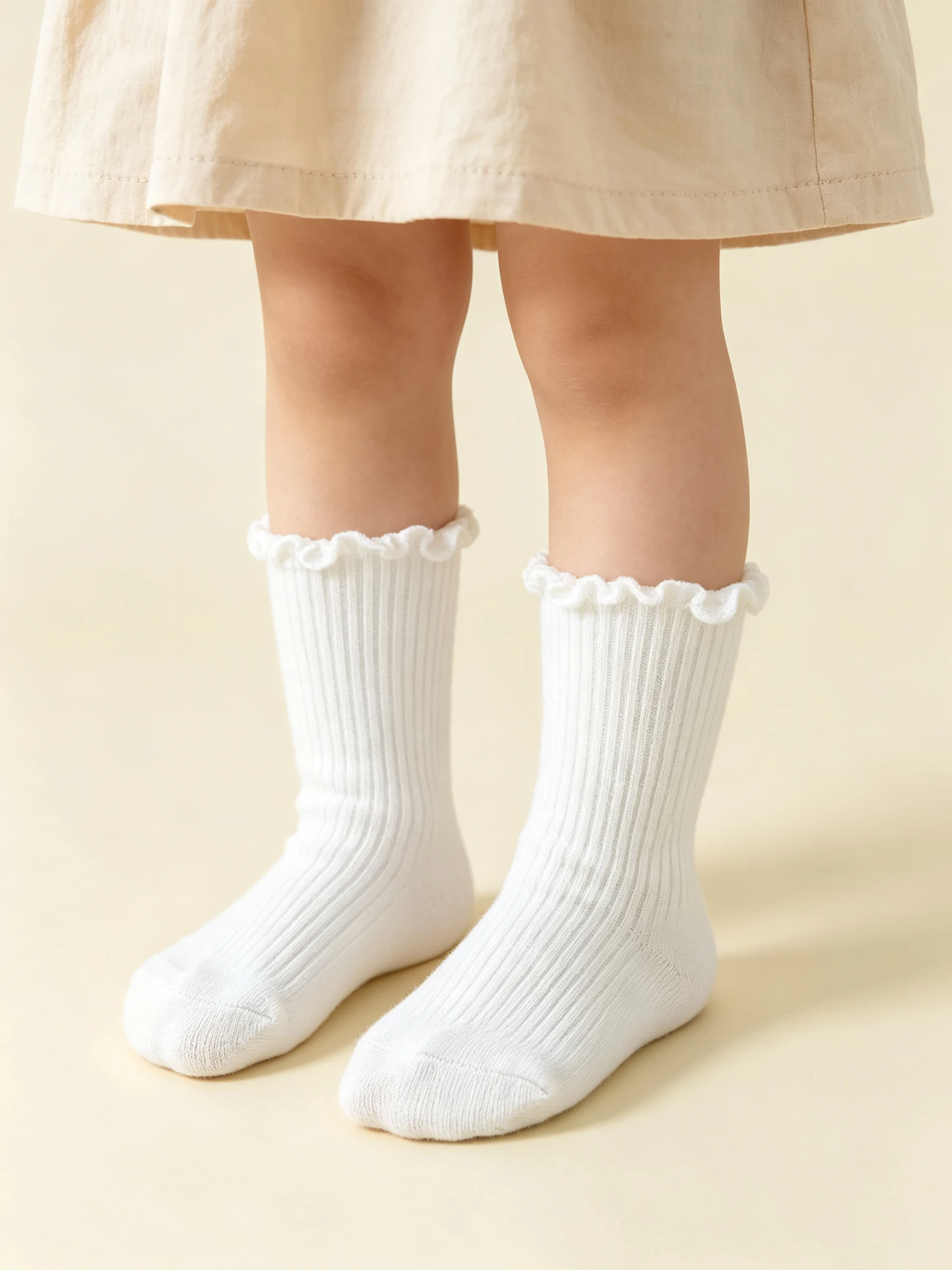 3Pairs Solid Ruffle Cuff Toddler Socks Ribbed Breathable Mid Calf Girl Socks Soft Stretchy All Season Kid Casual Socks for 1-12Y