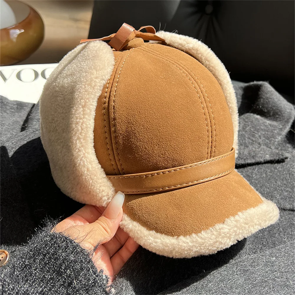 Real Fur Wool Hat Unisex New Winter Warm Bomber Russian Ushanka Hats With Ear Flaps Cow Leather Thick Earmuffs Baseball Caps