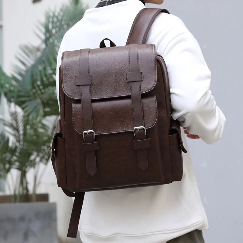 2023 männer Rucksack PU Leder Rucksack Große Laptop Rucksäcke Männlichen Mochilas Schwarz Schulranzen Für Jugendliche Jungen Braun Sac A Dos – Detail 14