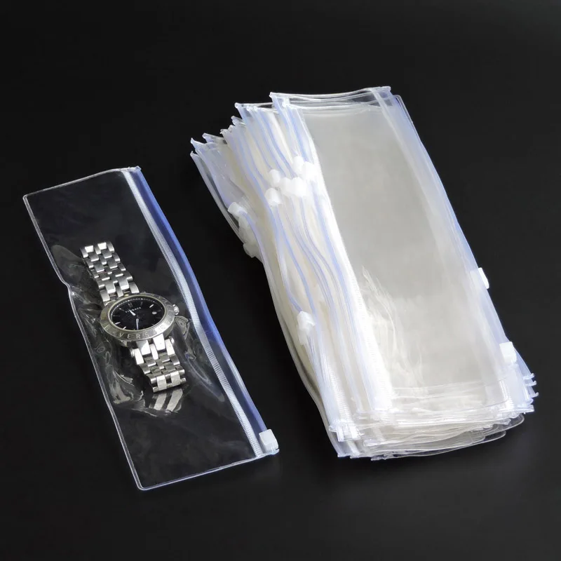 50pcs Clear Plastic Watch Band Packaging Bag PVC Long Necklace Jewelry Display Zipper Storage Pouches Thicken