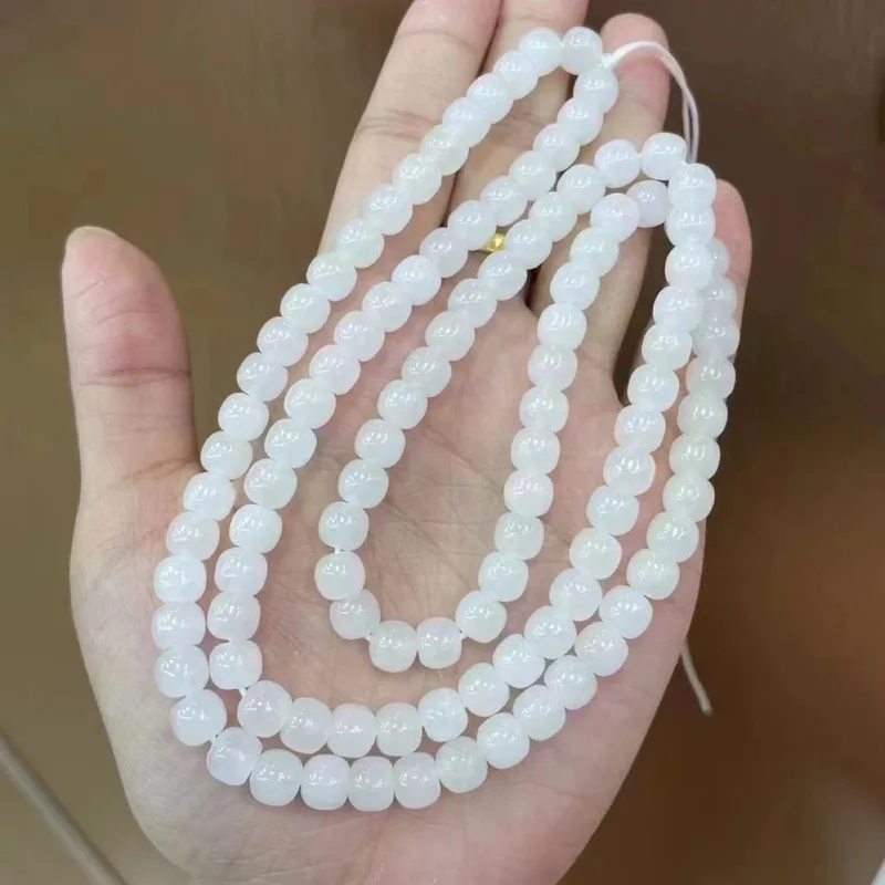 Natural Hetian White Jade 6X7Mm 108 Traditional-Style Buddhist Beads, Fine Texture