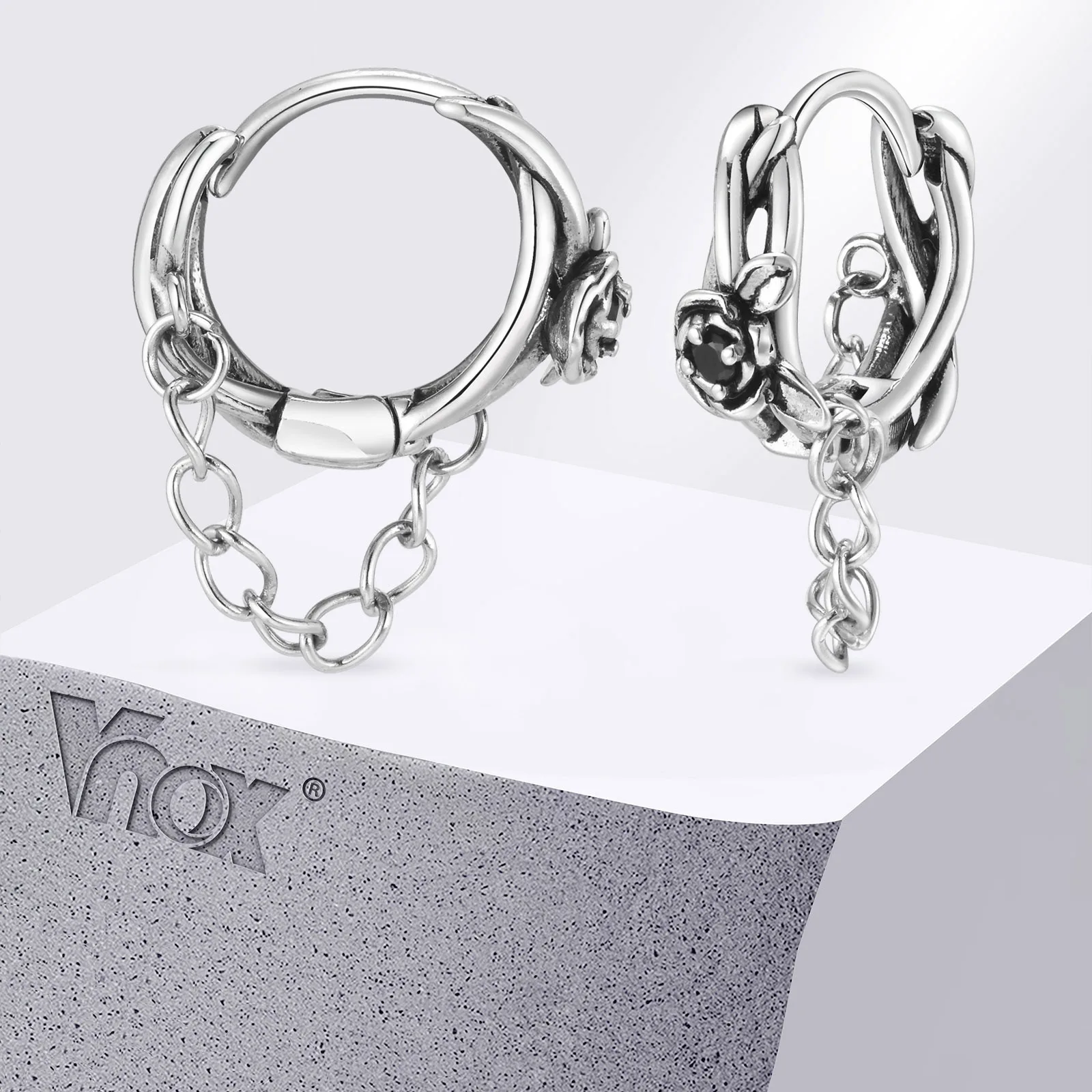 Vnox Gothic Rose Earrings for Men Boys, Punk Black CZ Stone Inlayed Flower Small Hoop Earrings, Unsex Rock Streetwear Jewerly