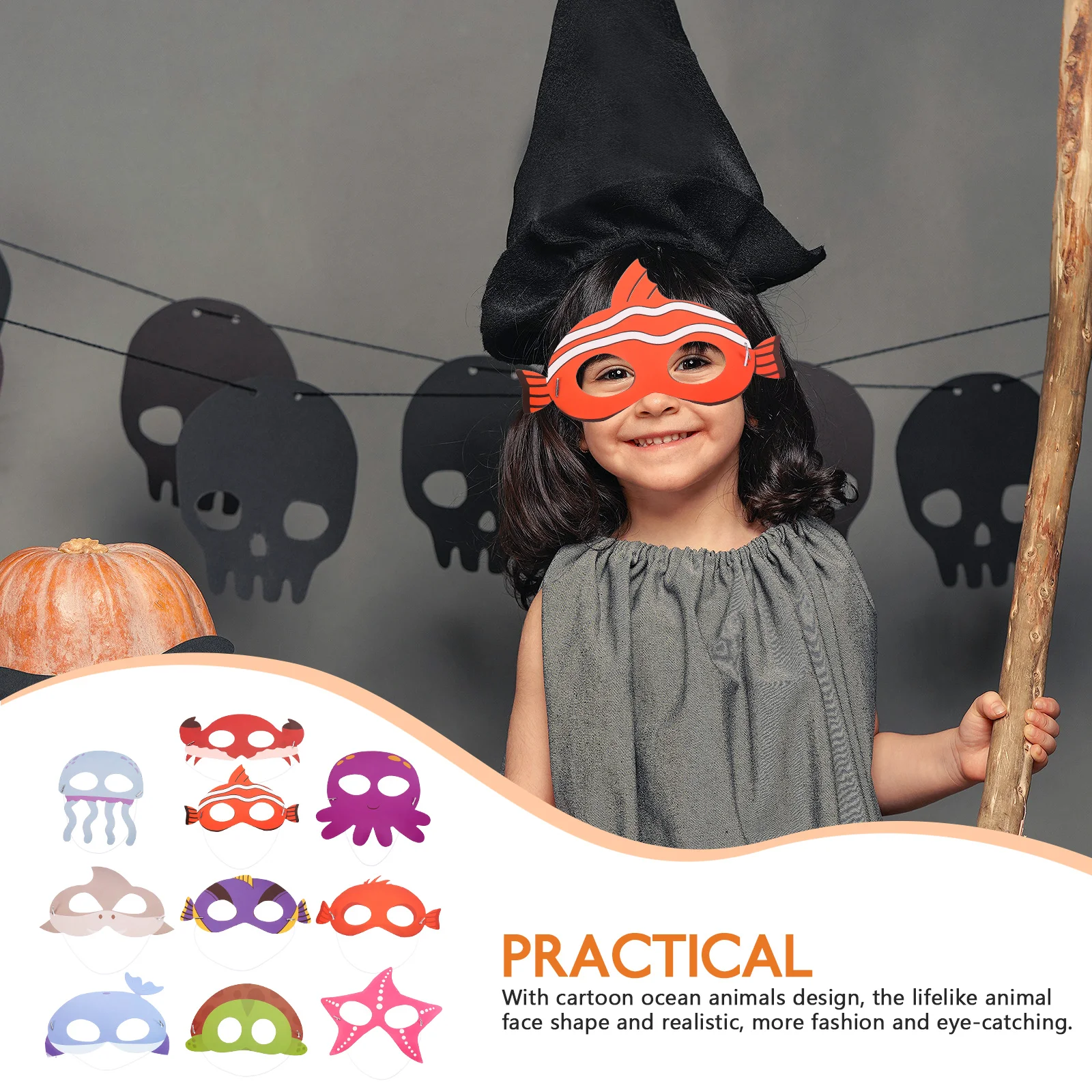 10 Pcs Marine Animal Mask Ocean Masks Cartoon Festival Halloween Clothing Cosplay Paper Party Accessory Sea Decorations Child