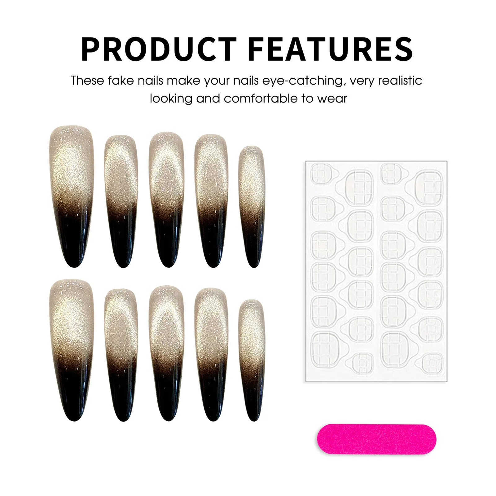 10 قطعة اليدوية سوبر طويلة اللوز الصحافة على الأظافر بسيط أسود النمط الفرنسي يمكن ارتداؤها الأظافر وهمية التدرج الذهب عين القط أظافر صناعية #4