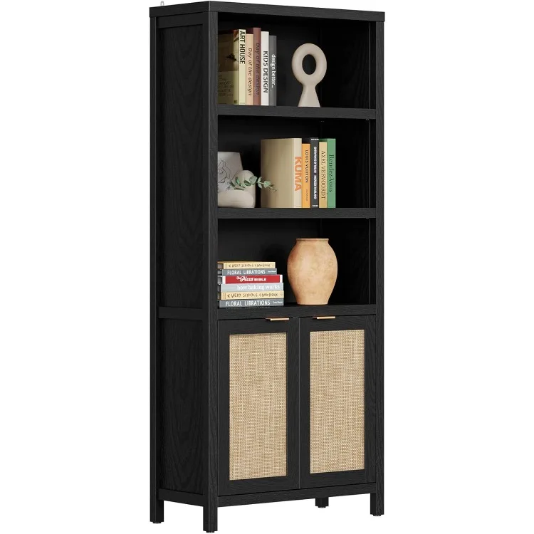 Bookcase 5 Tier Bookshelf Rattan Boho Tall Book Case Shelf with Doors Storage Wood Large Bookcases Farmhouse Bookshelves