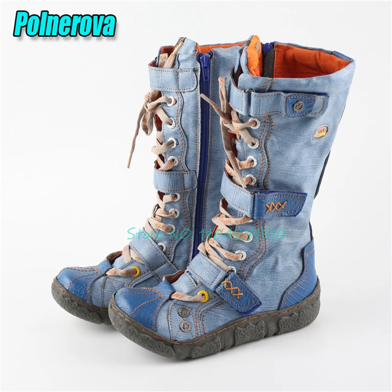 Retro Patchwork Thick Soled Mid-Calf Boots for Women Fashion Round Toe Side Zipper Knee High Heels Trendy Subculture Y2K Shoes