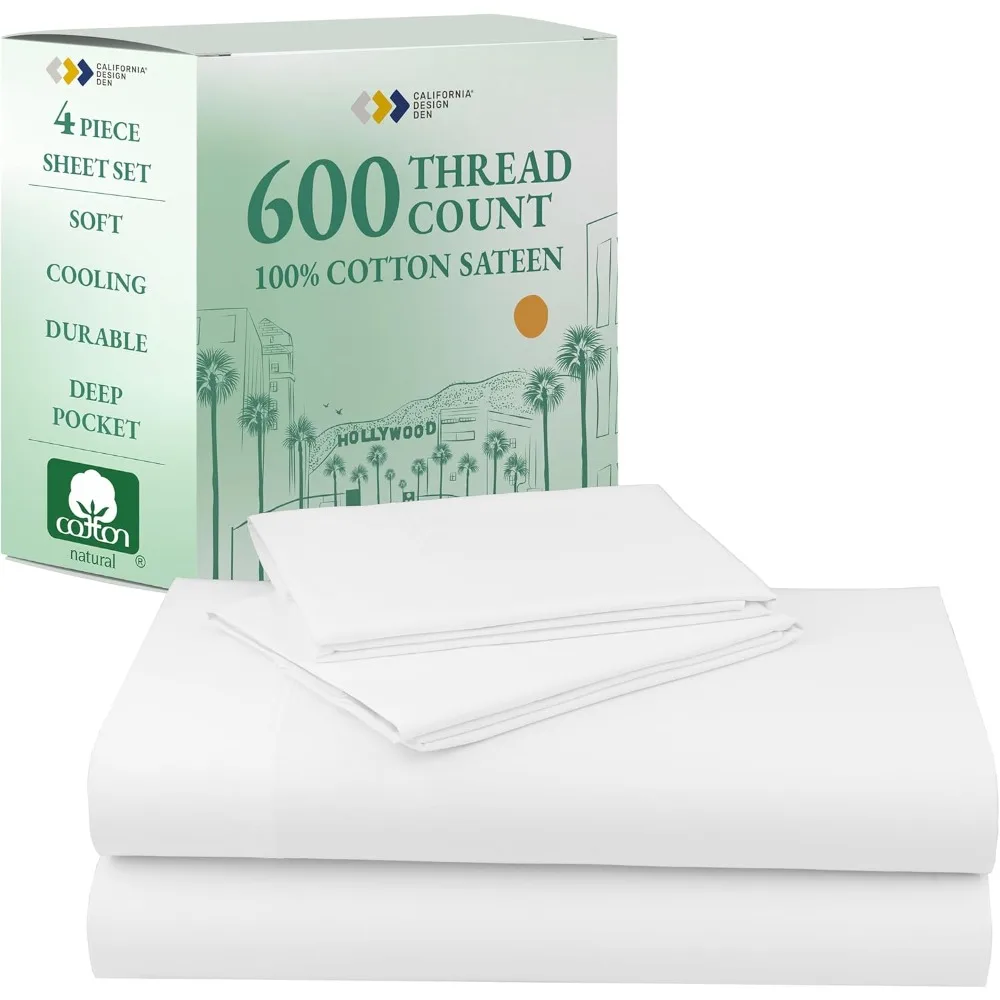Luxury 600 Thread Count Cotton Sateen Full Size Bed Sheets Set - Cooling, Deep Pockets, 100% Cotton