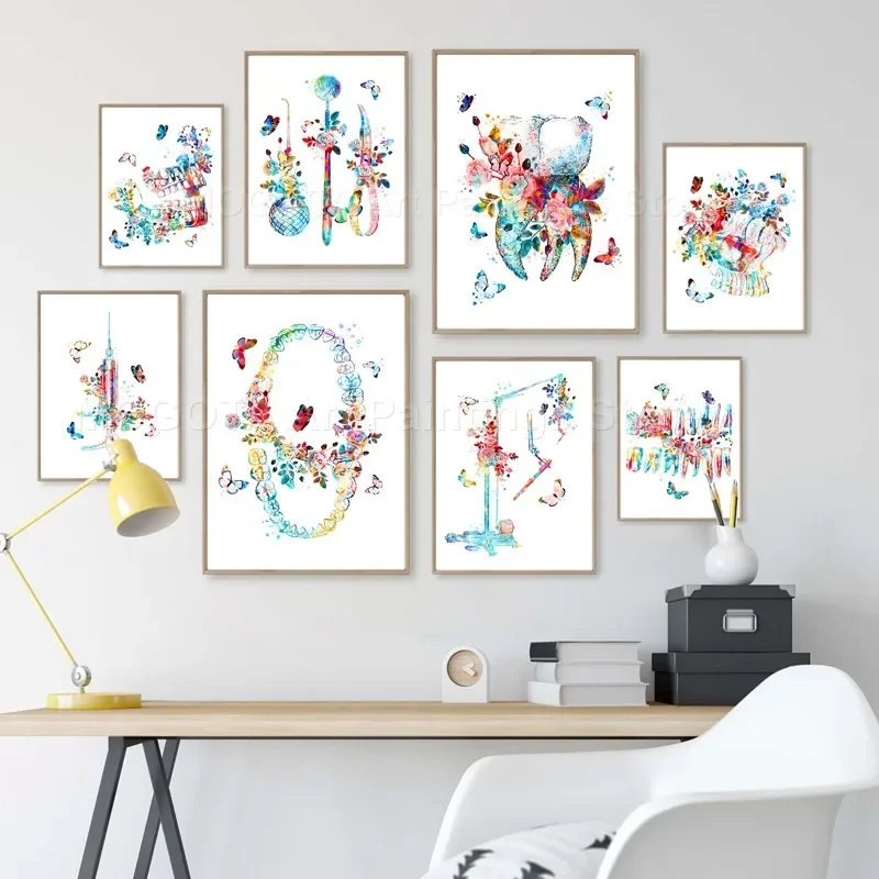 

Watercolor Tooth Anatomy Dentist Tool Posters Wall Art Canvas Painting Medical Artwork Gift Print Pictures Dental Clinic Decor