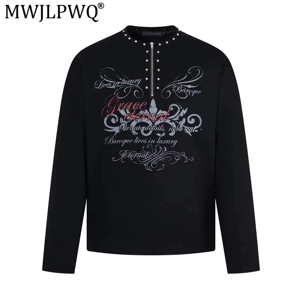 MWJLPWQ Gothic-Style Letter Print Long-Sleeve T-Shirt For Men Trendy Design Rivets Half-Zip Collar Loose Fit Top Ins Style 17319