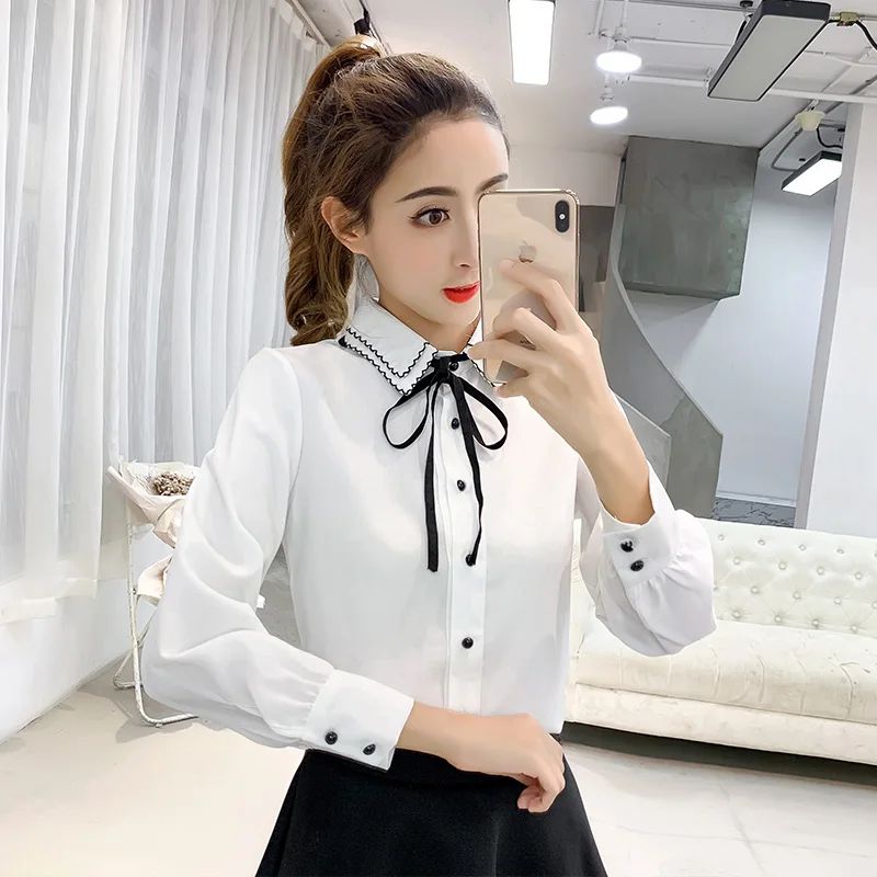 

Весенне-осенний свободный женский длинный све, белый шифоновый утюг, корейский с универсальным узлом, студенческая мода для поездок на работу