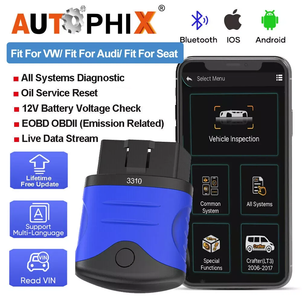

AUTOPHIX 3310 Bluetooth OBD2 сканер для VW/Audi/Skoda/SEAT полная система OBD2 считыватель кодов диагностический инструмент проверка батареи
