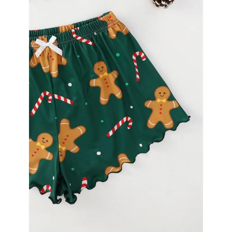 Sexy Nightwear Women Sleeveless Christmas Pajamas Gingerbread Printed Halter Homewear Two-Piece Set Ladies Sleepwear Oungewear