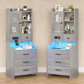 Image Nightstand, LED Night Stand Set 2 with Charging Station, Tall Bedside Table with Bookshelf & Drawers, End Side Table