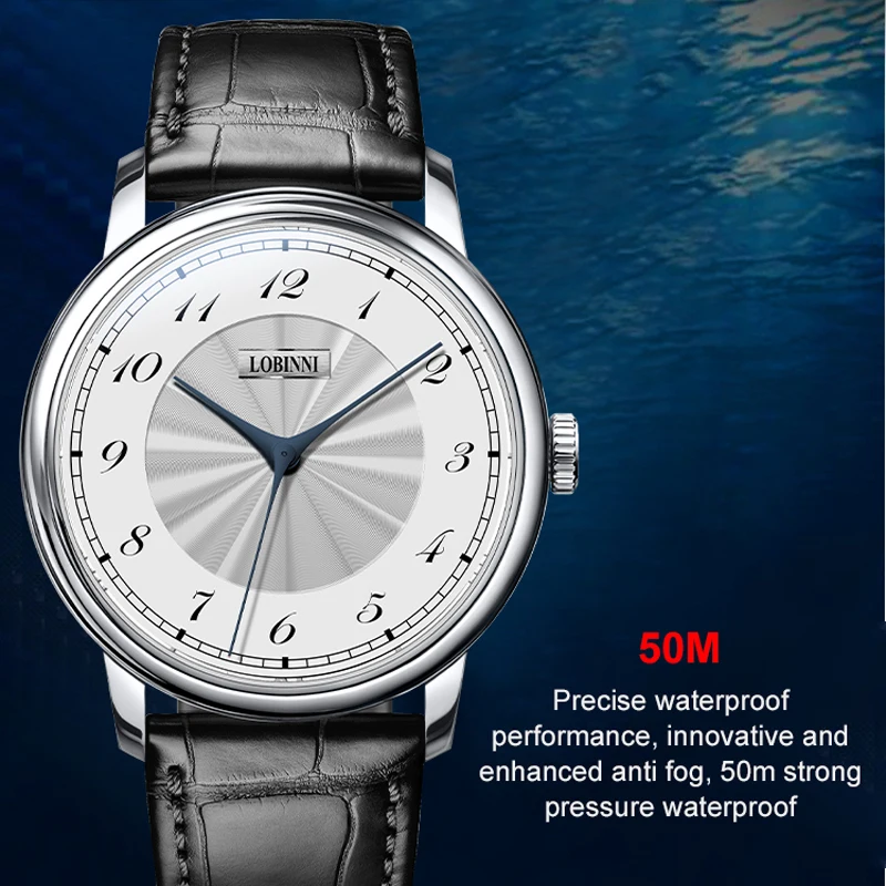 LOBINNI 새로운 미니멀리스트 비즈니스 남자 시계 Fishbone Needle Pointer 시계 사파이어 크리스탈 Waterpoor 자동 기계식 시계