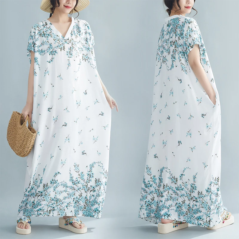 N Lange Gedrukt Dr V-Ne Knielange Katoen Zijden Gewaad Zomer Nieuwe Sle Fre Bloemen Damesjurk H-ape A-lijn Dr