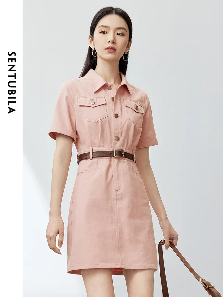 SENTUBILA Retro Cargo Style Cotton 100% Mini Dress 2024 Summer New Polo Collar A-line Short Sleeve Dresses Clothing 142L54094