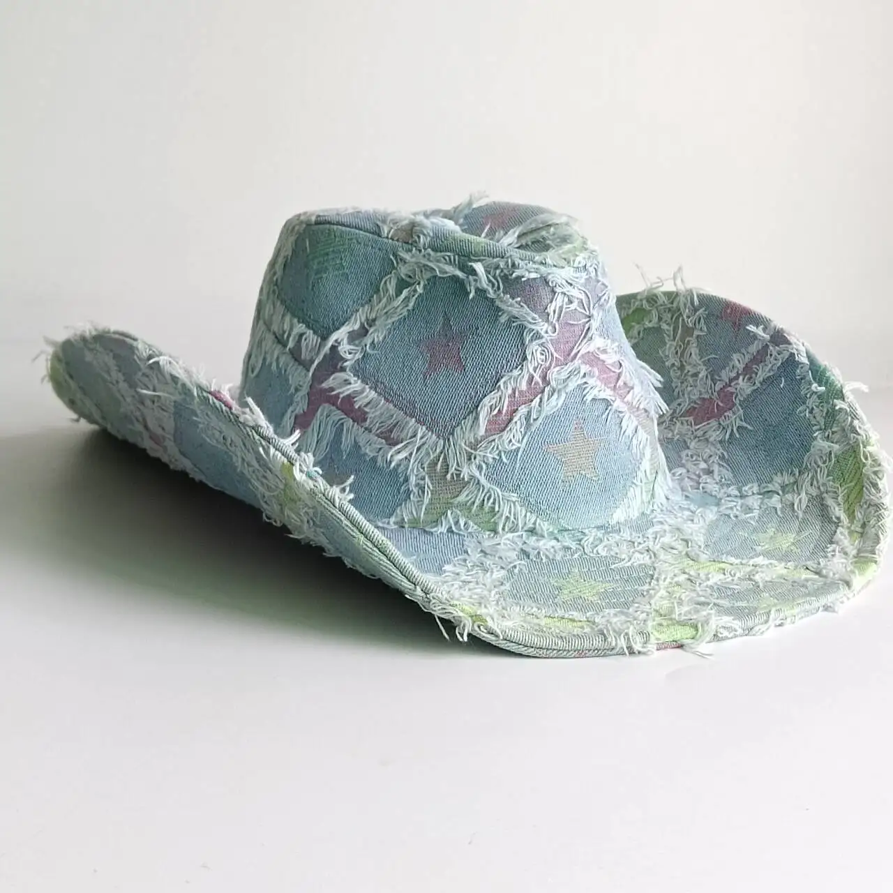 Frayed Star Print Denim Western Cowgirl Hat Vintage Distressed Fringe Wide Brim Cowboy Hat Y2K Pastel Color Outdoor Festival Vac 3