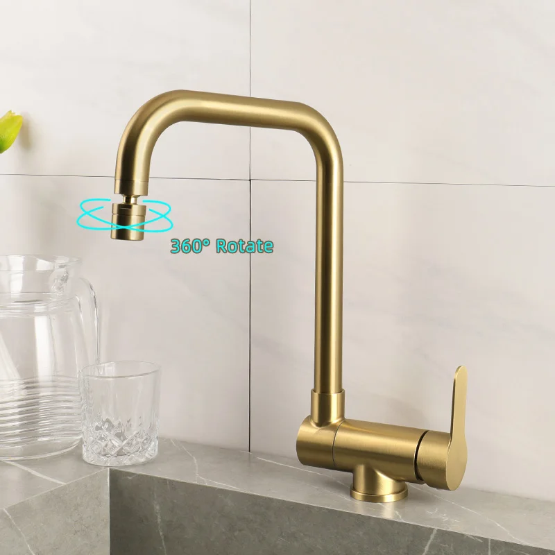 Brushed Gold Inner Window Free Folding Kitchen Faucet 360 Degree Rotate Foldable Tap