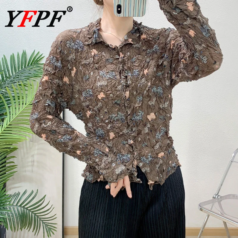 

YFPF Ретро нерегулярный плиссированный дизайн, женская рубашка, модная солнцезащитная блузка с принтом на пуговицах и длинными рукавами, новинка 2025, одежда 3A279