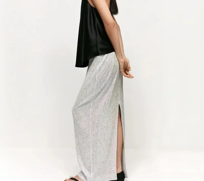 High Waist Sequin For Women Long Skirt Slim Split Fashion Elegant High Street Glitter Maxi Skirt Casual Female Long Skirt
