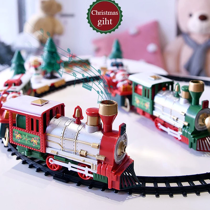 Christmas Train Electric Toys Christmas Tree Decoration Train Track Frame Railway Car with Sound&Light Rail Car Christmas Gifts