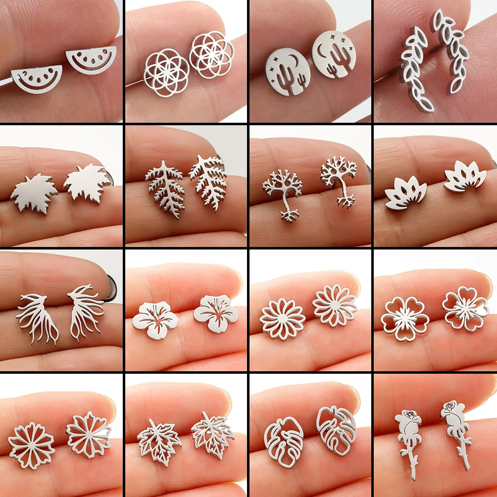 5Pair/Lot Stainless Steel Earrings 2024 Trend New Fashion Leaves Ear Piercing Stud Earrings For Women Jewelry Party Gifts