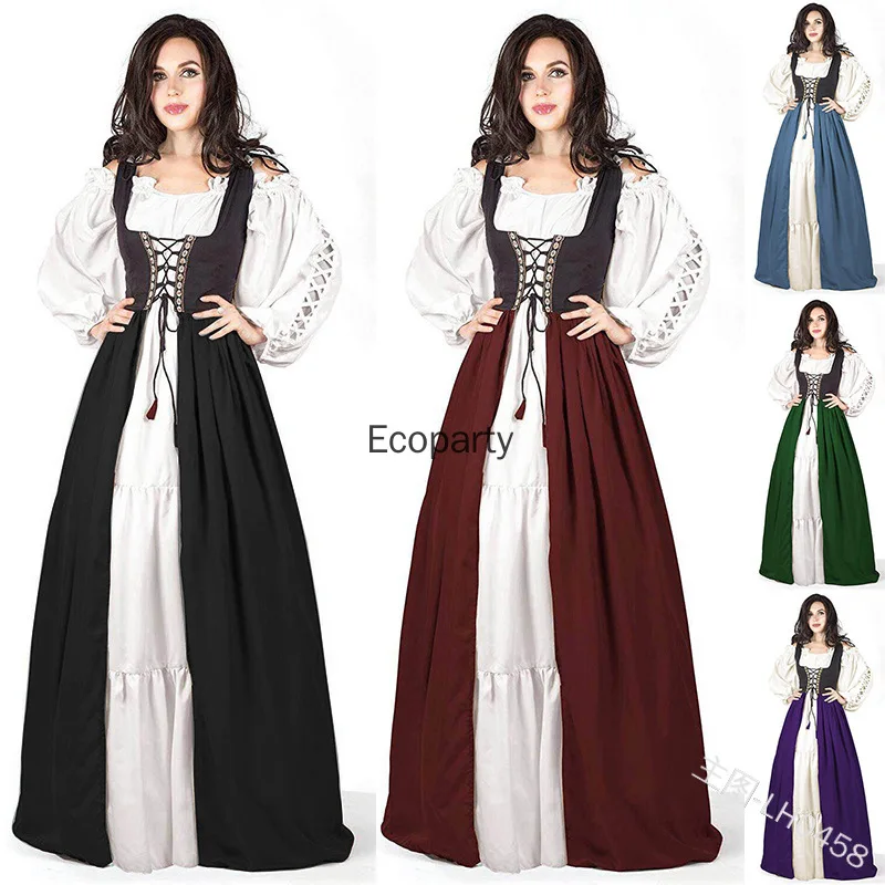

BSR Vintage Style Renaissance Medieval Costume Irish Over Dress Retro Cosplay Costume Lantern Sleeve Dress Vintage Long Skirt