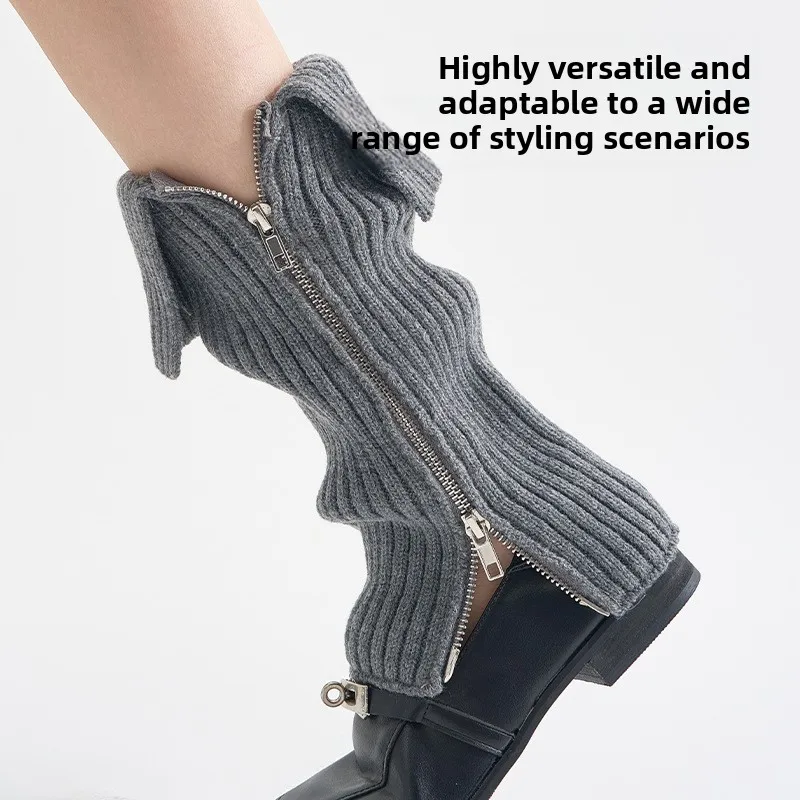 New Thick Knit Leg Warmers for Women, Gray Side Zipper JK Style Slouch Socks, Autumn Winter Boot Cuffs for Hot Girls