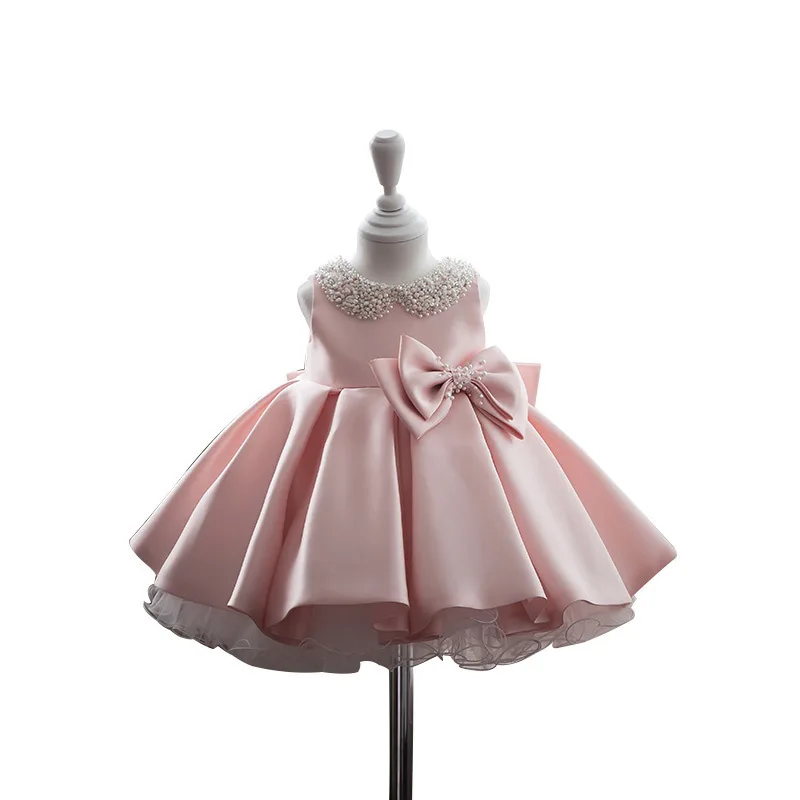 ToddlerWhite Wedding Satin Princess Baby GirDress Bow1Year Birthday Evening Party