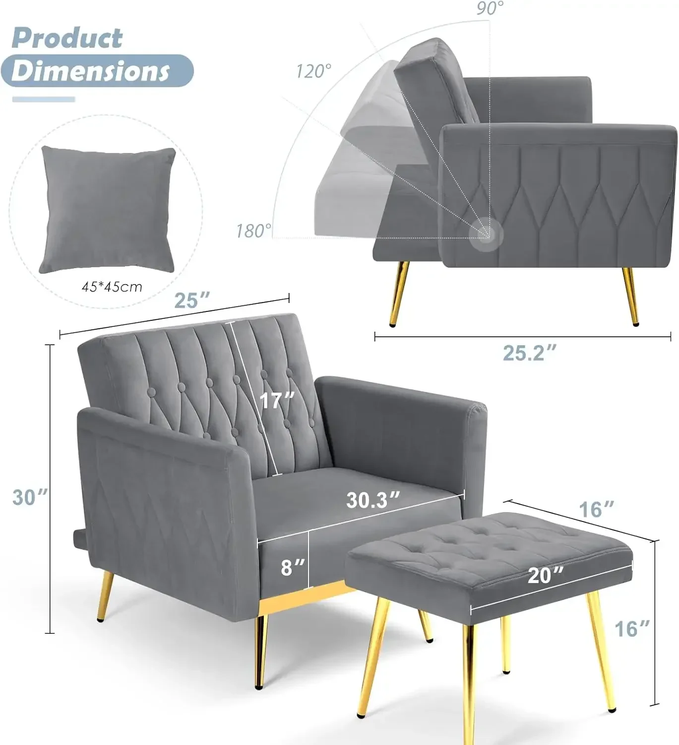 Fluwelen accentstoel met verstelbare rugleuning en armleuningen, enkele fauteuil met poef en gouden mentale poten