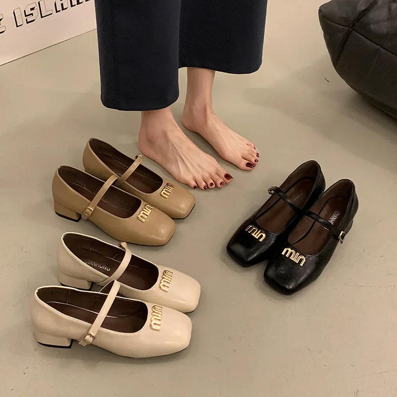 Medium Heeled Mary Jane Single Shoes 2024 New Fashion Brand Women Shoes Retro Thick Heeled Ballet Shoes Shallow Soft Sole Pumps