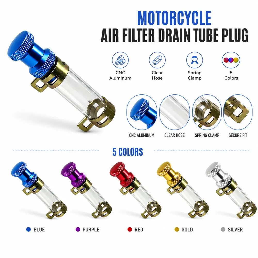 CNC Aluminum Alloy Motorcycle Air Filter Drain Tube Clear Tube Spring Clamps Airbox Drain Plug Removable Plug Knurled Stopper