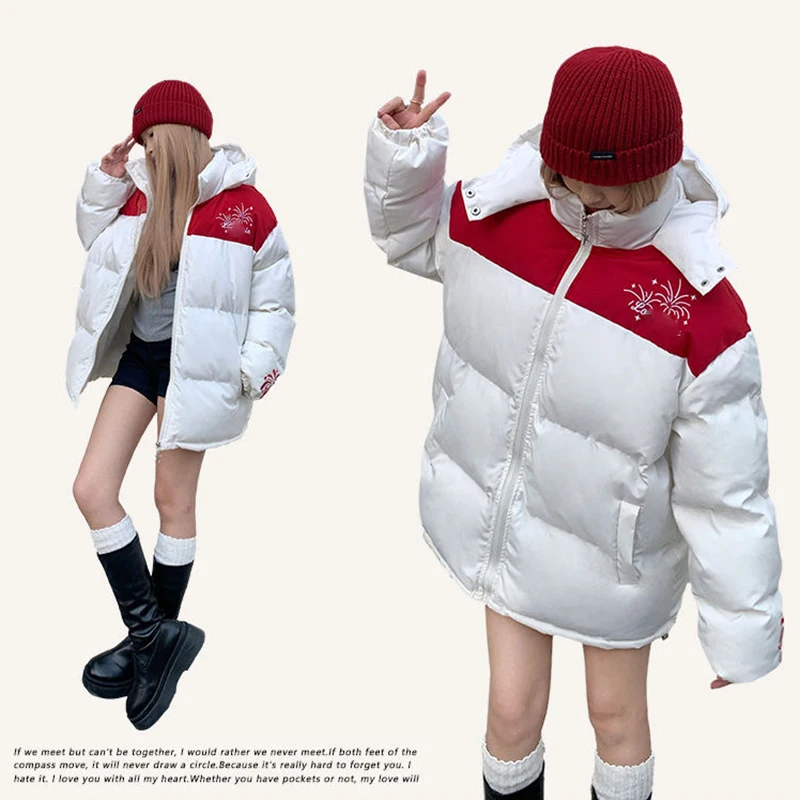 Letter Print Red Hooded Cotton Coats Tops Winter Warm Thicken Korea Fashion Loose Parkas Casaco Snow Wear Women Chaqueta Abrigo