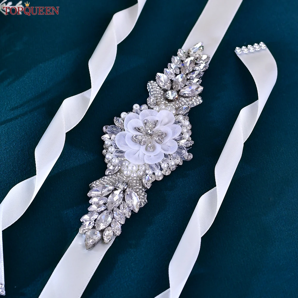 TOPQUEEN-Cinturón de novia con diamantes de imitación plateados, apliques de flores, decoración para vestidos de dama de honor, cinturón, accesorios de boda S480