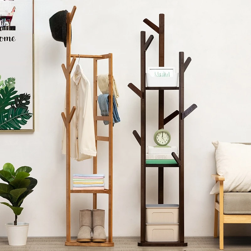 Multifunctional Bamboo Coat Rack 5 Standing Tree Branch Design Clothes Hanger for Bags Clothes Storage System