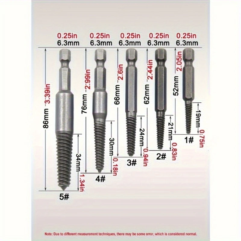 Zestaw 5 szt. wykrętaków do śrub z łbem uszkodzonym, trzpień sześciokątny, do usuwania śrub uszkodzonych, do wiertarki elektrycznej.