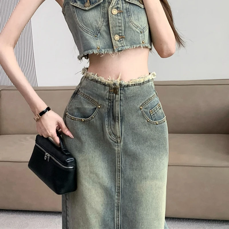 

Ретро джинсовая юбка женская летняя в американском стиле, модный дизайн, с завышенной талией, облегающая, с разрезом, средней длины