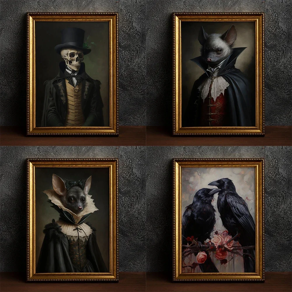 Leinwand-Wandgemälde im Retro-Stil, Krähe, Hexe, Fledermaus, Totenkopf, dunkles Akademiker, Gothic, viktorianisch, Posterdruck, Halloween-Geschenk, Zimmer