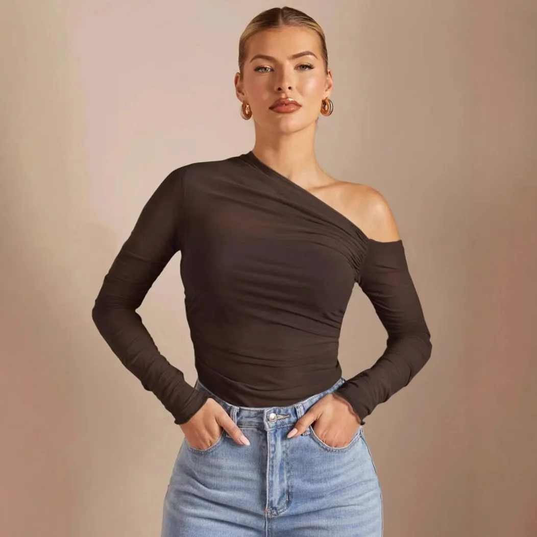 Women Spring Autumn One Shoulder Long Sleeve Pleated Slim Mesh Pullover Tops