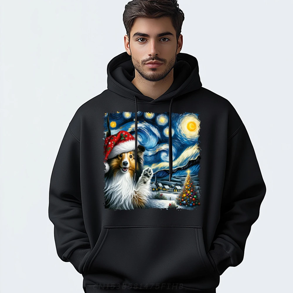 Shetland Sheepdog Santa Starry Night Van Gogh Christmas Dog Luxury Designer Hoodie Man Vaporwave