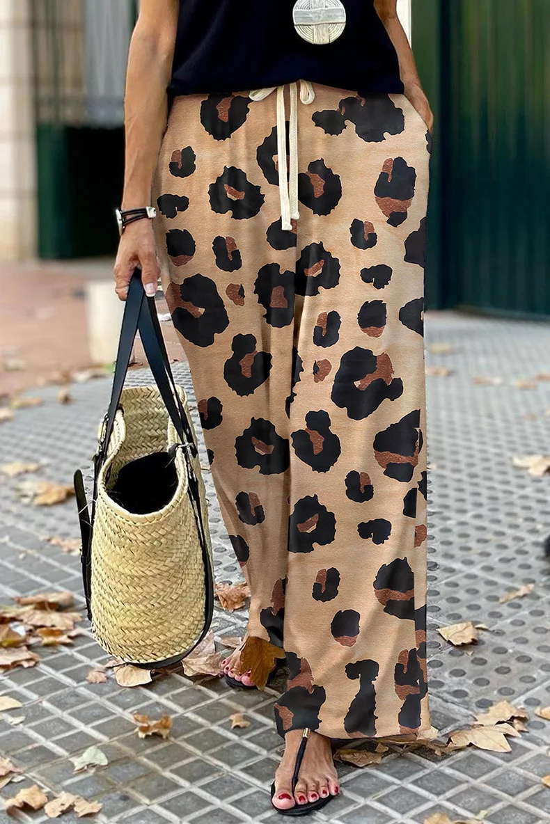 Hot selling new autumn leopard print wide leg pants personalized drawstring high waist casual trousers for women