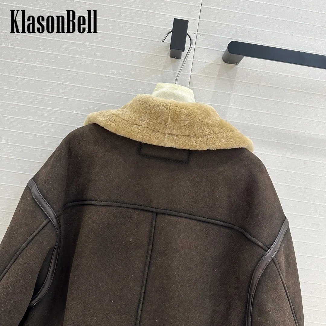 10.9 KlasonBell Women Autumn Winter New Vintage Genuine Leather Spliced Suede Short Jacket Fur Lapel Keep Warm Zipper Coat